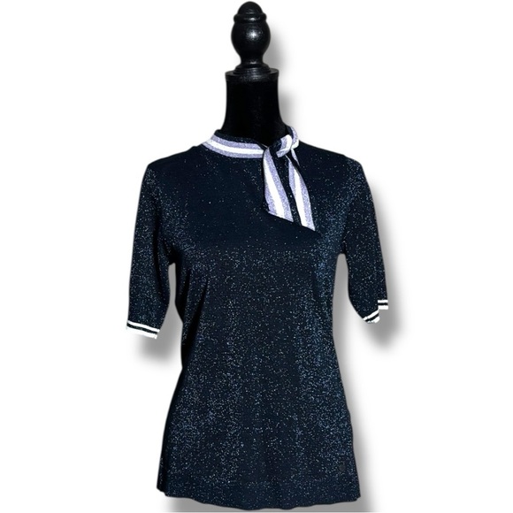 Anthropologie NUMPH Sparkly Navy with White Accents Short Sleeve Tie Collar Top - Picture 5 of 16